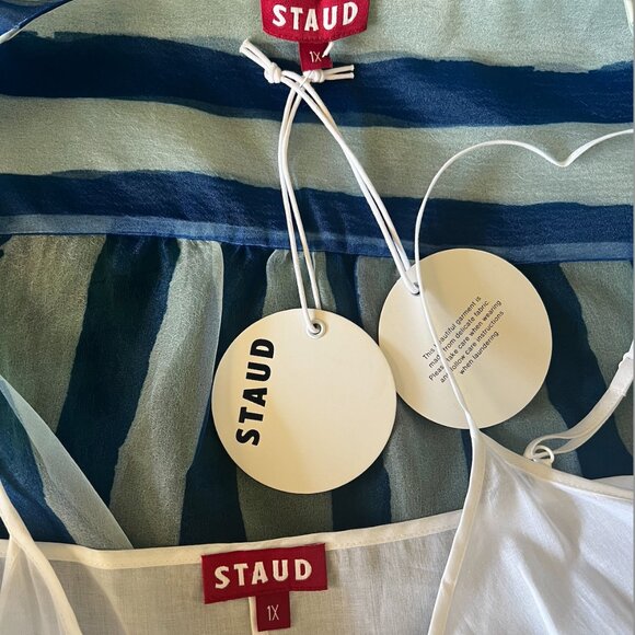 STAUD Flippa Blue & White Stripe Organza Wrap Midi Dress NWT - Picture 6 of 15